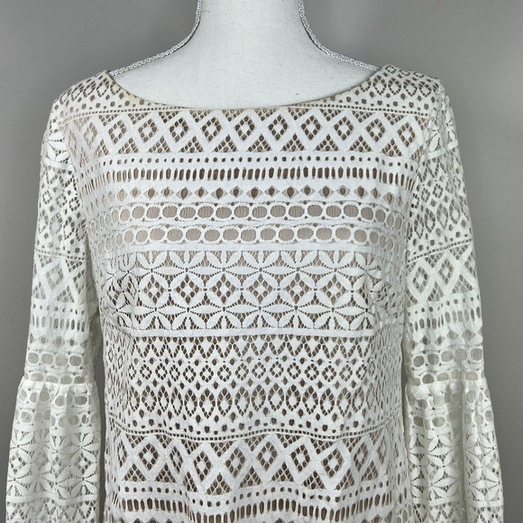 Eliza J Ivory Cream Lace Overlay Sheath Dress Size 8 Bell Sleeves - Picture 2 of 14